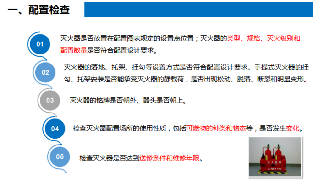 灭火器检查要点全面指南：配置、外观与性能检查标准